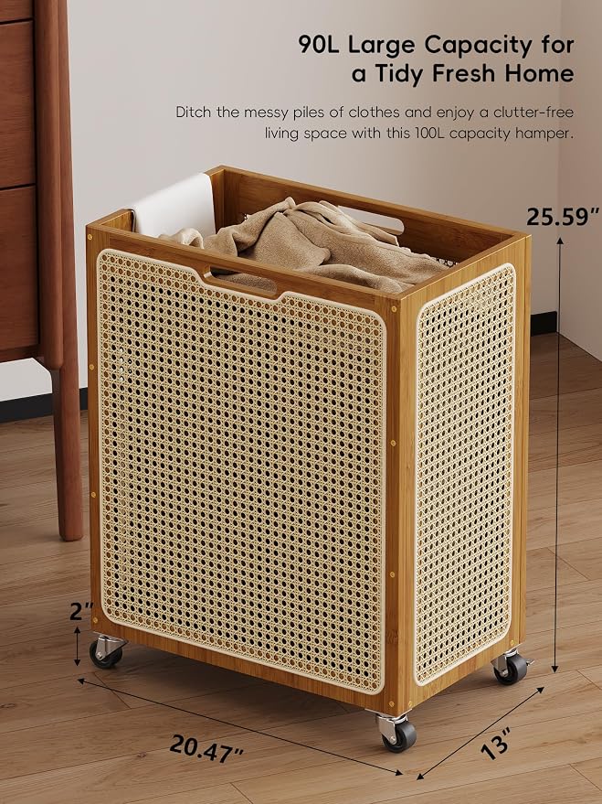 Laundry Hamper with Wheels, Decorative Boho Rattan Laundry Baskets, 90L Large Bamboo Dirty Clothes Basket Organizer, Rolling Wicker Laundry Hampers for Bathroom,Bedroom - Image 3