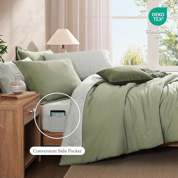 Monbix Oversized King Size Comforter Set - 7 Pieces Green Prewashed Bed in a Bag Bedding Sets with Comforters, All Seasons Ultra Soft Comforter Bed Set with Sheets, Pillowcases & Shams