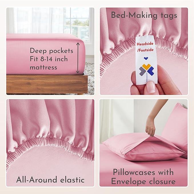 California Design Den Natural 100% Cotton Sheets Queen Size Bed Set - Soft Sateen Weave, Deep Pockets with All Around Elastic, Breathable and Durable Bedding - Doll Pink