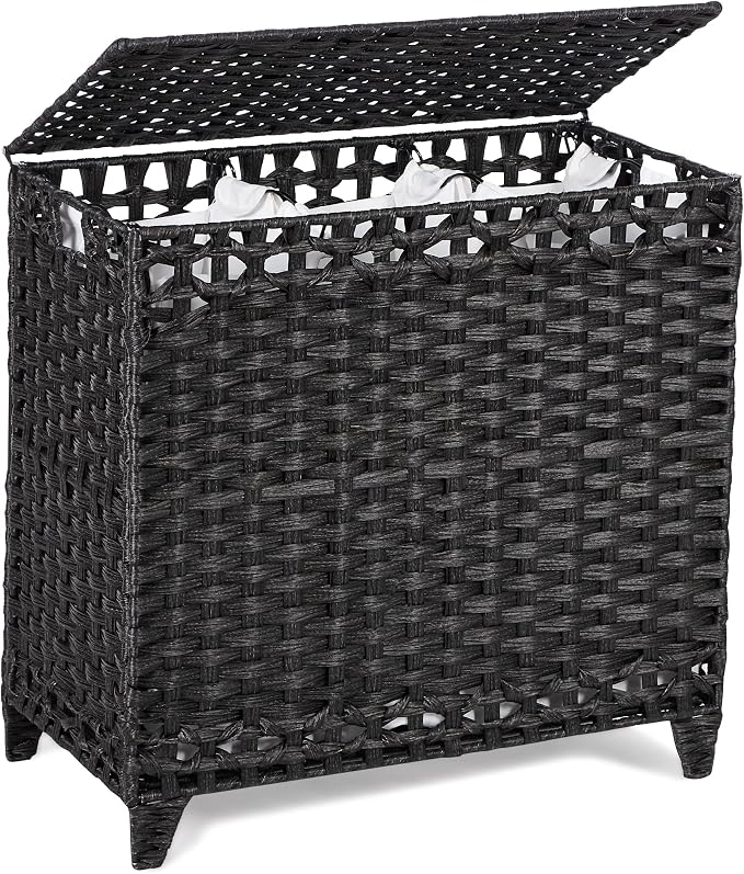 Laundry Hamper with 3 Removable Liner Bags; 132L Handwoven Rattan Laundry Basket with Lid & Heightened Feet; Clothes Hamper with Side Handles; Laundry Sorter with 3 Separate Sections by Hermina