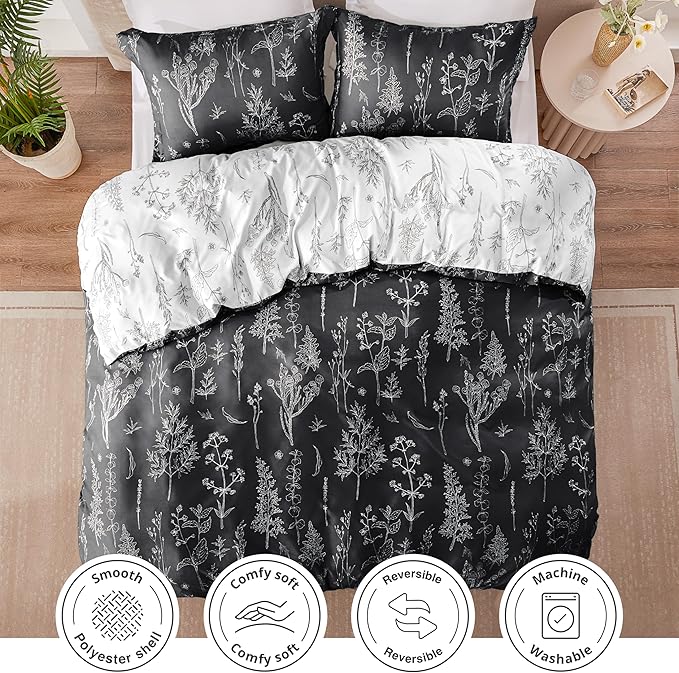 Love's cabin Black Twin Comforter Set - Twin XL Size Comforter Set Dorm Bedding, 2 Pieces Cute Floral Bedding, Soft Reversible Flowers Comforter, 1 Comforter & 1 Pillow Sham
