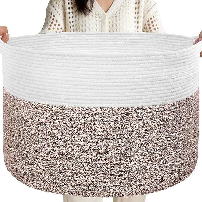 90L Extra Large Blanket Basket for Living Room - Cotton Rope Laundry Hamper Woven Baskets XXL Storage Bin with Handles for Dirty Clothes, Kids, Pets, Toys, Bedroom, 23'' x 23'' x 13'', White & Brown by Unknown