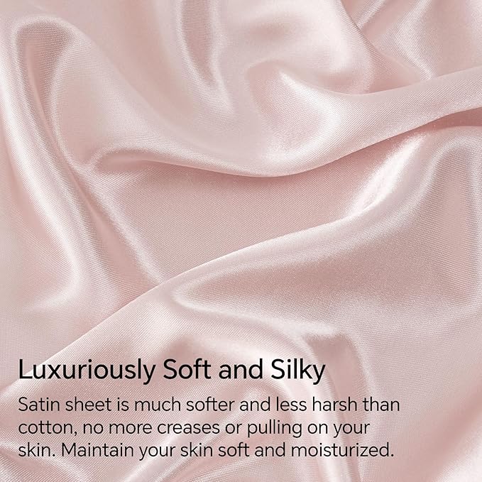 BEDELITE King Size Sheets Set, Luxury Soft Pink Satin Sheets for Hair and Skin, Similar to Silk Bed Sheets Set 4 Pieces with 1 Deep Pocket Fitted Sheet, 1 Flat Sheet, and 2 Pillowcases