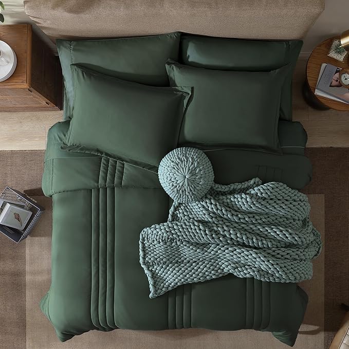 Monbix Oversized Queen Size Comforter Set - 7 Pieces Bed in a Bag, Deep Forest Bedding Sets with Comforter, All Seasons Comforter Bed Set with Sheets, Pillowcases & Shams