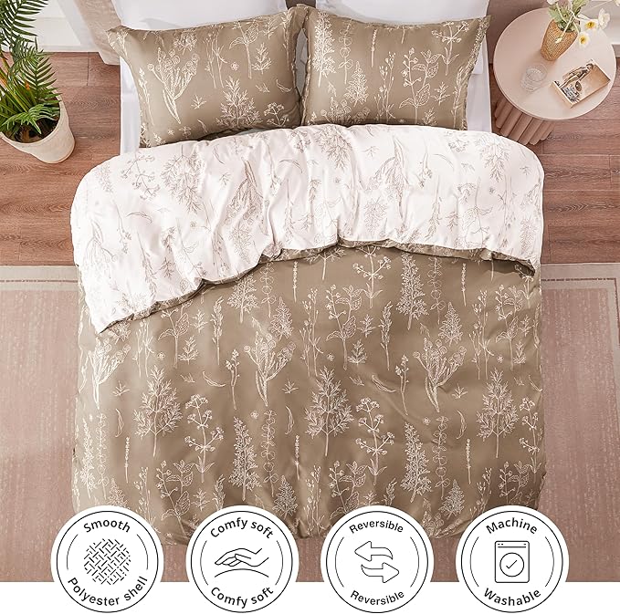 Love's cabin Light Taupe Twin Comforter Set - Twin XL Size Dorm Bedding, 2 Pieces Cute Floral Bedding Comforter Set, Soft Reversible Flowers Comforter, 1 Comforter & 1 Pillow Sham