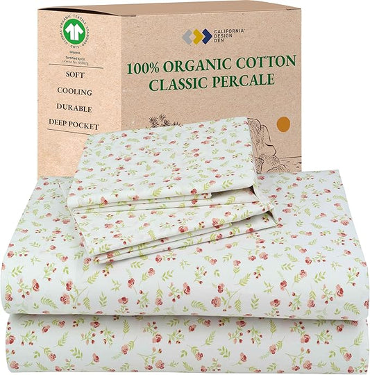 California Design Den King Floral Sheet Set, 100% Organic Cotton Percale Sheets, Deep Pocket King Sheets & Pillowcase Set - Floral