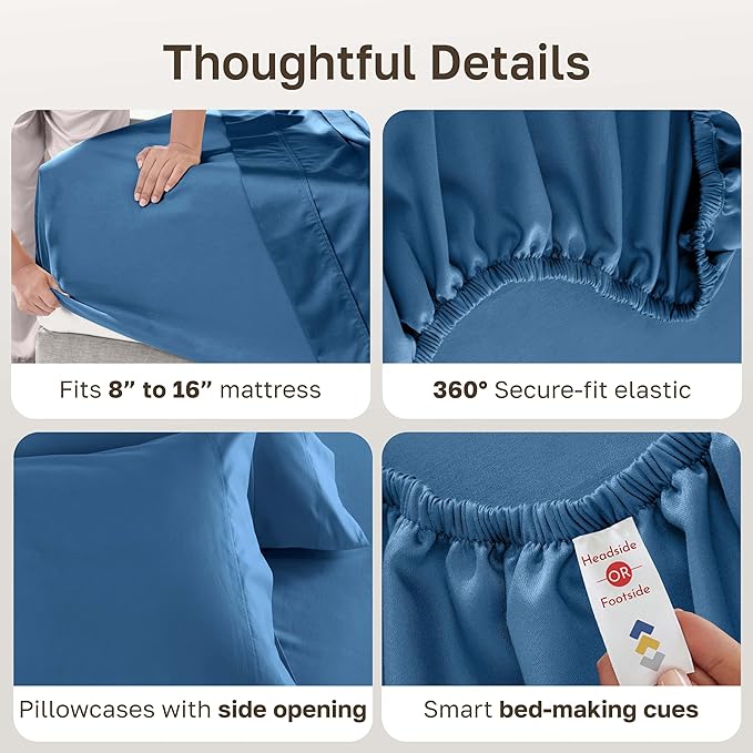 California Design Den Natural 100% Cotton Bed Sheets Queen Size Set - Luxury 600 Thread Count Sateen, Durable Fully Elasticized Deep Pocket Bedsheets Queen Size Bed - Parisian Blue