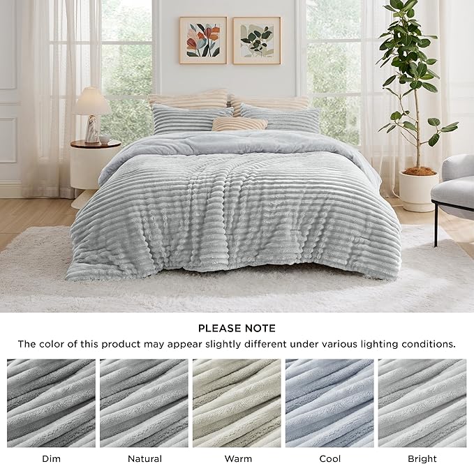 Bedsure King Comforter - GentleSoft™ 3 Pieces Double-Side Fleece Fluffy Light Grey Comforter Set, Cozy Striped Room Decor Aesthetic, Luxury King Size Bedding with 2 Pillowcases, 104x90 Inches