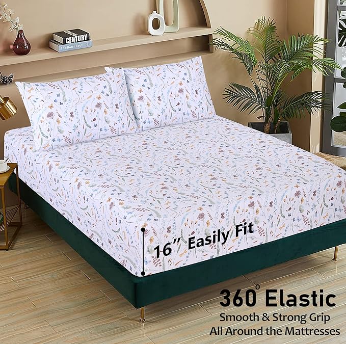 RUVANTI 100% Cotton Sheets – Queen Size Percale Bedding, Cooling & Breathable Floral Design, Durable with a Crisp, Soft & Comfortable Feel, 16" Deep Pocket, 4-Piece Set, Fern Class