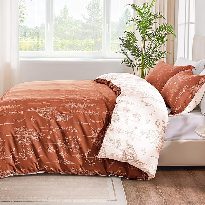 Love's cabin Terracotta Twin Comforter Set - Twin XL Size Comforter Set Dorm Bedding, 2 Pieces Cute Floral Bedding, Soft Reversible Flowers Comforter, 1 Comforter & 1 Pillow Sham