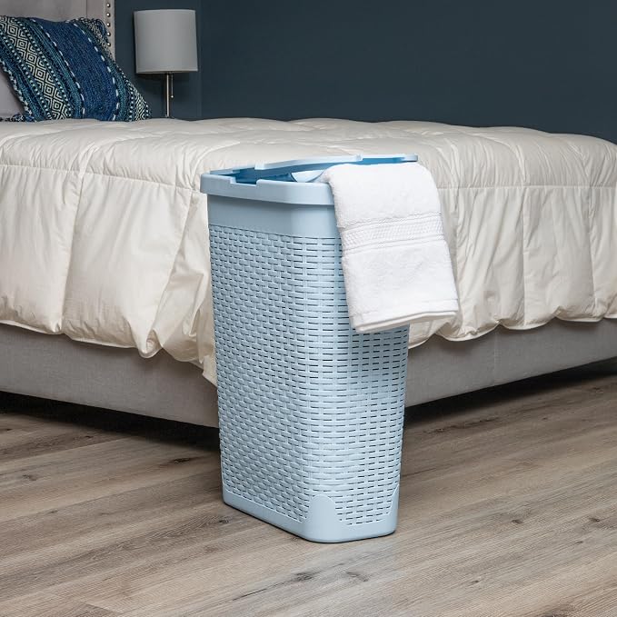 Mind Reader Slim Laundry Hamper with Lid, 40L Clothes Basket, Narrow Tapered Design with Ventilated Cutout Pattern, Plastic, Baby Blue - Image 2