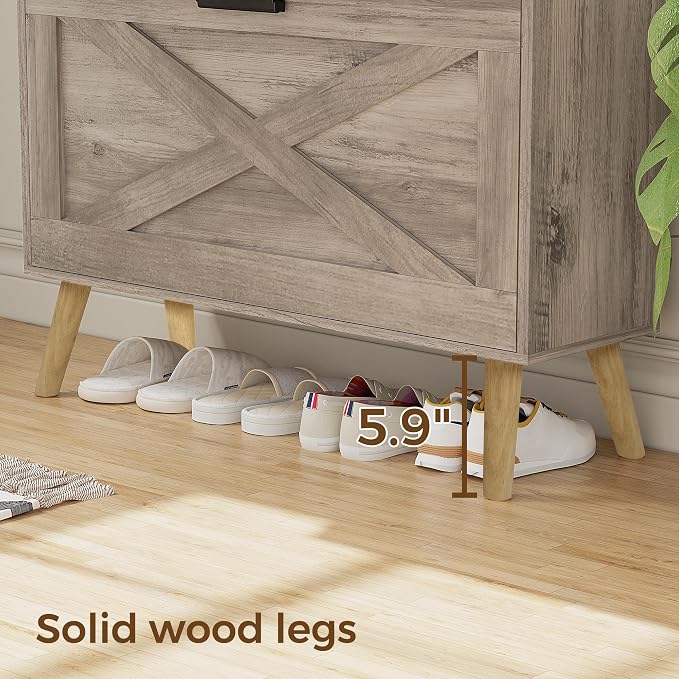 Homleke 32" W Farmhouse Shoe Storage Cabinet with 2 Flip Drawers and Barn Door Design, Adjustable Shelves, Modern Hidden Slim Narrow Shoe Rack Cabinet for Entryway, Foyer, Hallway, Living Room, Greige - Image 4