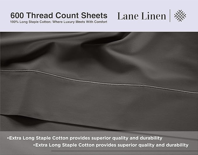 LANE LINEN 100% Cotton 600 Thread Count Split King Sheet Set for Adjustable Beds, Sateen Weave Hotel Quality, Fully Elasticized Oeak Tex Certified Sustainably Produced Machine Washable - Charcoal