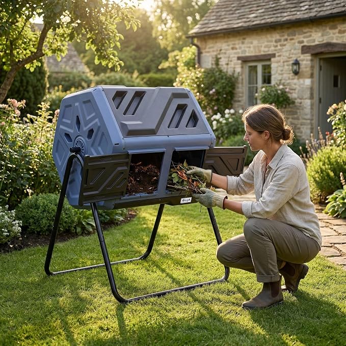 Werph Updated 43 Gallon Dual-Chamber Compost Bin, Fast Assembly Rotating Outdoor Compost Tumbler, Batch Composter with Gloves for Garden, Kitchen, and Yard Waste, Purple & Black - Image 8