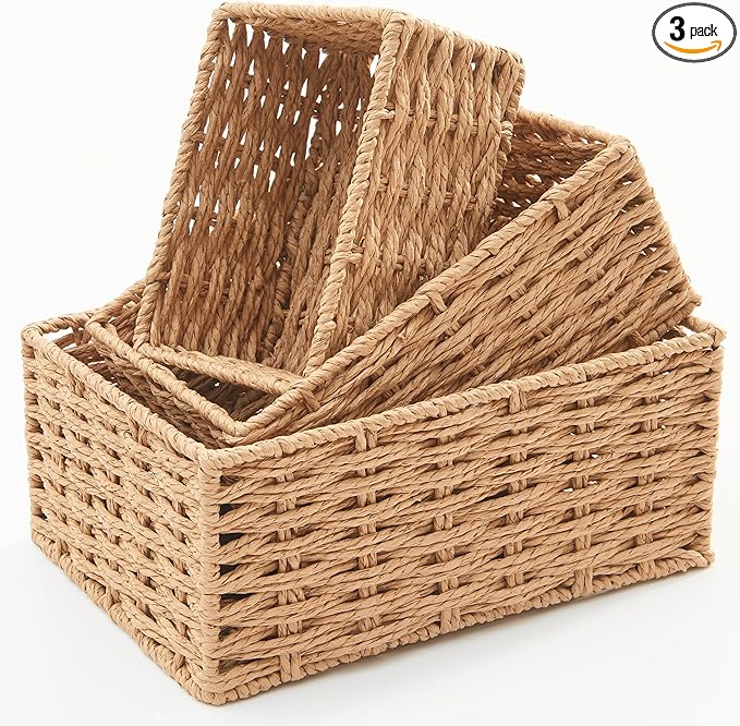 Small Wicker Basket for Organizing, Woven Storage Basket Set of 3 - Handwoven Natural Paper Rope Baskets to Declutter Any Room, Perfect for Organizing and Home Decor by Unknown