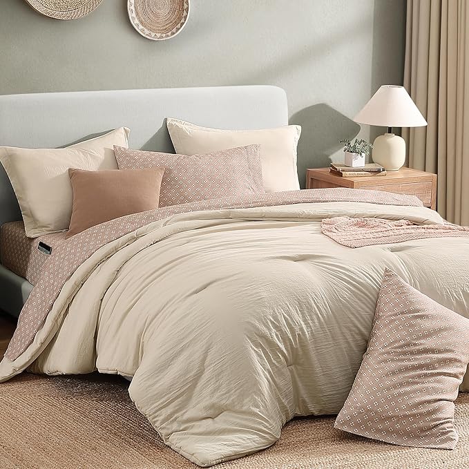 Monbix Queen Comforter Set - 7 Pieces Oatmeal Prewashed Bed in a Bag Queen Bedding Sets with Comforters, All Seasons Ultra Soft Comforter Bed Set with Sheets,Pillowcases & Shams