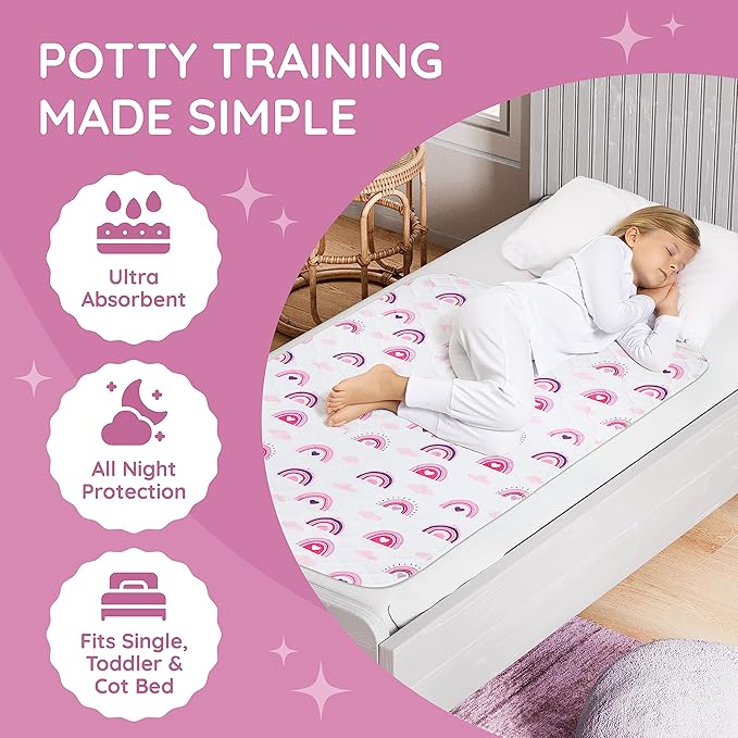 Lynmark® Potty Training Mattress Protector Pee Pads for Kids - Waterproof Toddler Bed Wetting Mat for Toilet Training - Non-Slip Washable Bedwetting Topper Absorbs Up to 2000ml - 53" x 33", Rainbow