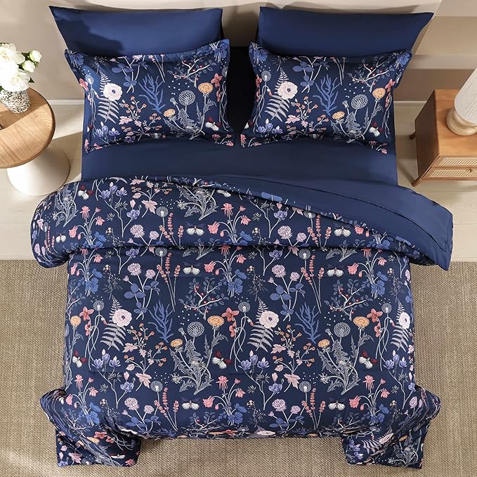 Yiran Queen Comforter Set, 7 Pieces Navy Blue Floral Soft Bedding Sets, Queen Bed in a Bag with Botanical Flowers Winter Comforter, Sheets, Pillowcases & Shams