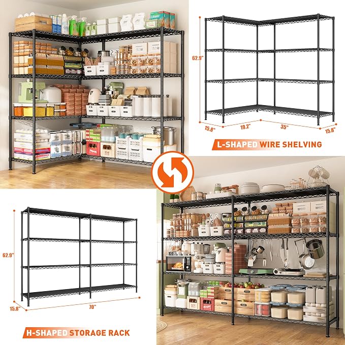 REIBII 70"W Metal Shelving, Storage Shelves 4-tier Wire Shelving Unit Load 1240LBS Metal Shelves for Storage Adjustable Shelving Rack for Pantry Kitchen Commercial school Garage 70"W*15.8"D*62.9"H - Image 7