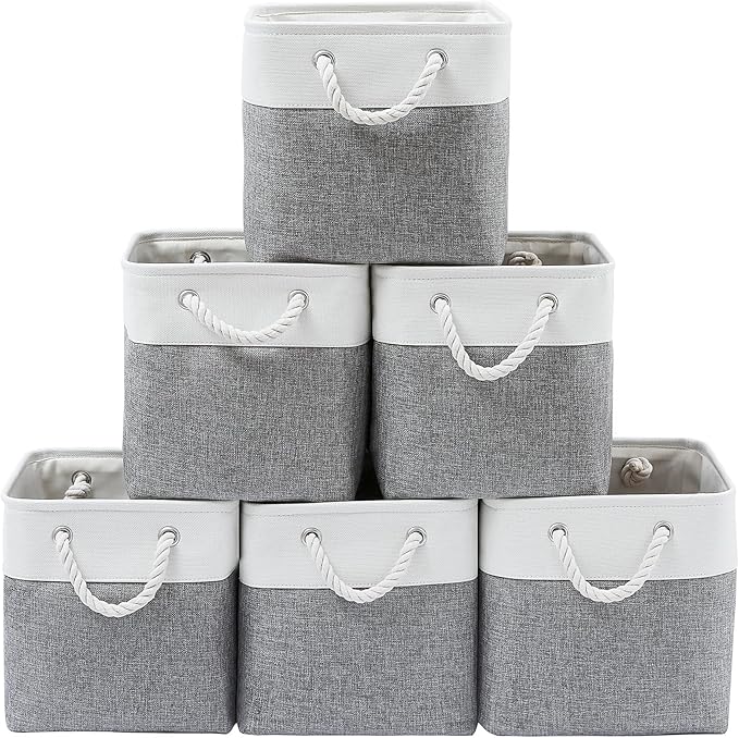 MidmmVick 13 x 13 Inch Cube Storage Bins, 6 Pack Extra Large Collapsible Fabric Storage Bin with Ropes, Foldable Storage Cubes for Home (White & Grey-13"x13"x13") by Midmmvick