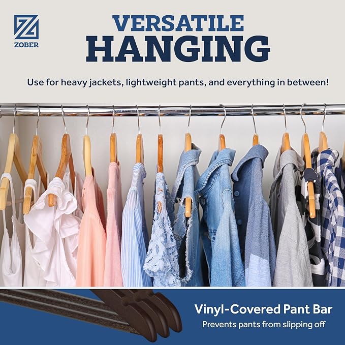 ZOBER Wooden Hangers - Heavy Duty, Non Slip Wood Hangers for Coats, Jackets, Suits, & Pants - Coat Hangers for Closet W/Bar and Notches 20 Pack - Image 6