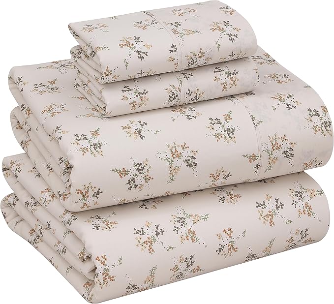 RUVANTI 100% Cotton Sheets – Full Size Percale Bedding, Cooling & Breathable Floral Design, Durable with a Crisp, Soft & Comfortable Feel, 16" Deep Pocket, 4-Piece Set, Twin Spring