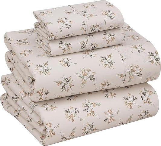 RUVANTI 100% Cotton Sheets – Queen Size Percale Bedding, Cooling & Breathable Floral Design, Durable with a Crisp, Soft & Comfortable Feel, 16" Deep Pocket, 4-Piece Set, Twin Spring