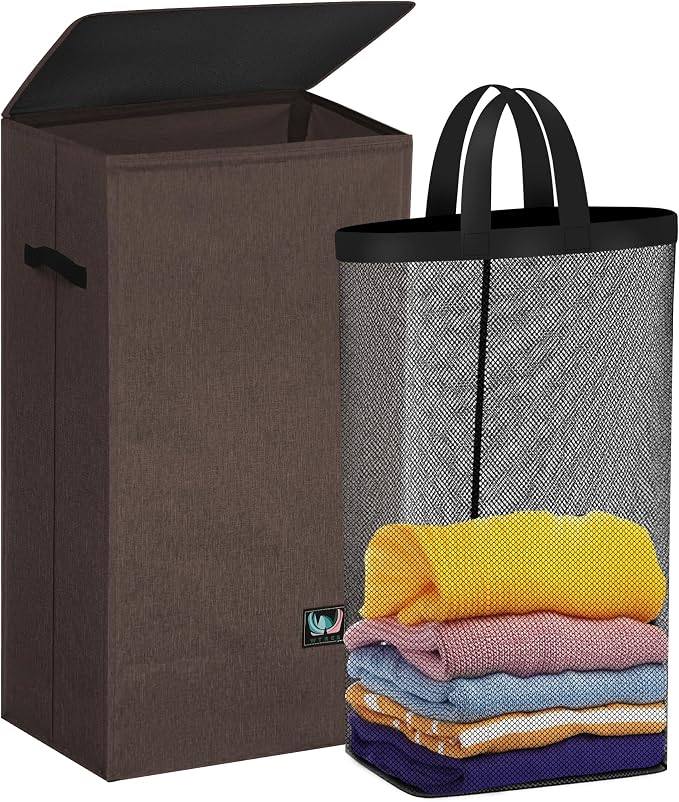 WTREE Laundry Hamper with Lid, Reinforced Sturdy Clothes Hamper with Anti-Puncture Base, Large Collapsible Laundry Basket with Removable Liner Bag, Tall Dirty Clothes Bin for Family, 100L Chocolate by WTREE