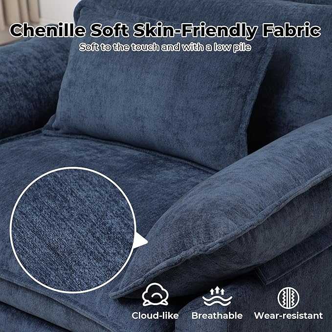 Modern Oversized Accent Chair,Chenille Cloud Sofa Chair with Deep Seat,Upholstered Armchair with Extra Thick,Comfy Reading Chairs for Living Room Bedroom Apartment Blue