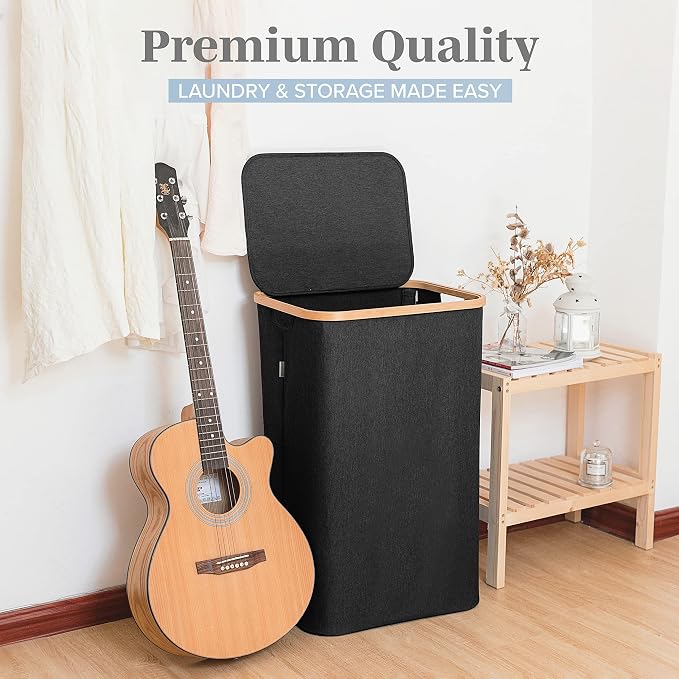 LONBET Laundry Basket with Lid, Made from Breathable Fabric | Aesthetic Clothes Hampers for Laundry with Side Handles & Sturdy Bamboo Frame (26 Gallons - Single, Black) - Image 8