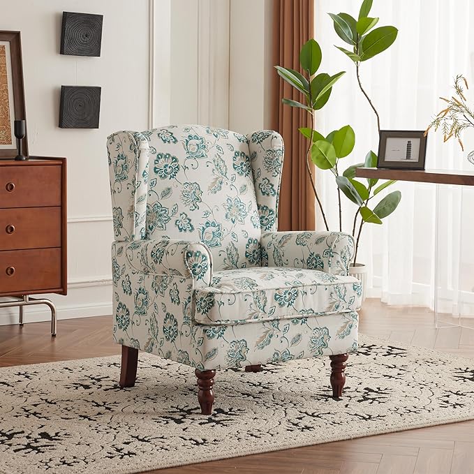 MELLCOM Floral Accent Chair, High Back Upholstered Armchair with Solid Legs, Leisure Single Sofa Chair for Living Room, Bedroom, Home Office, Light Cyan Floral