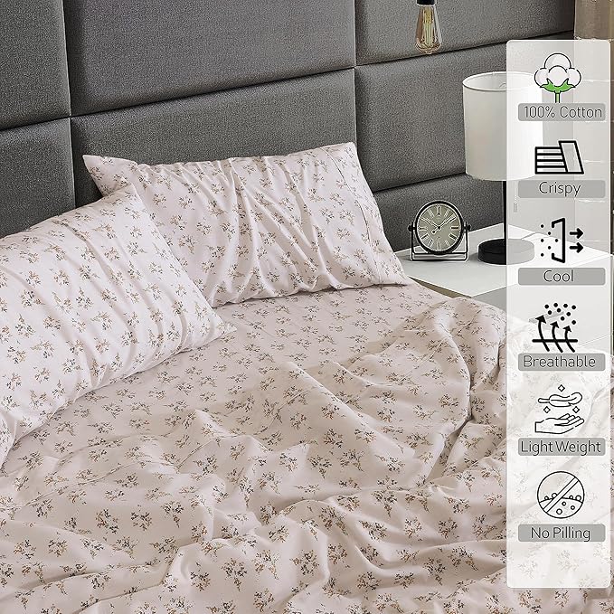 RUVANTI 100% Cotton Sheets – Queen Size Percale Bedding, Cooling & Breathable Floral Design, Durable with a Crisp, Soft & Comfortable Feel, 16" Deep Pocket, 4-Piece Set, Twin Spring