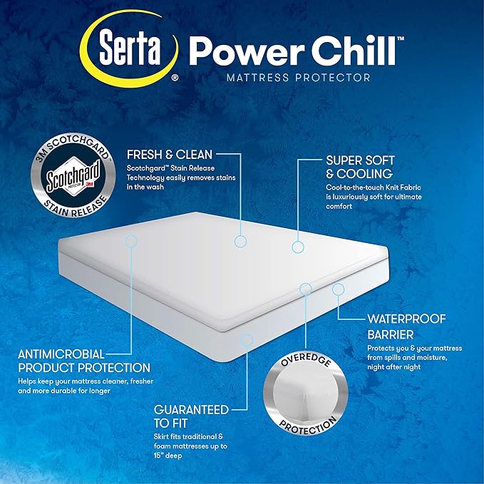 Serta Power Chill King Size Waterproof Mattress Cover, Soft and Breathable Cooling Mattress Protector, 15" Elastic Deep Pocket for Secure Fit, White