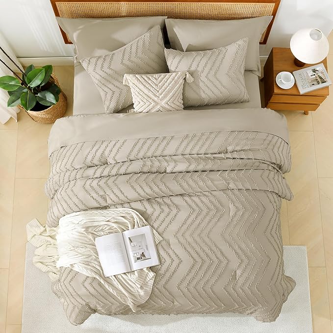 Litanika Light Hazel Queen Size Comforter Set with Sheets - 7 Pieces Bed in a Bag Queen Boho Tufted Complete Bedding Sets with Comforter, Sheets, Pillowcases & Shams