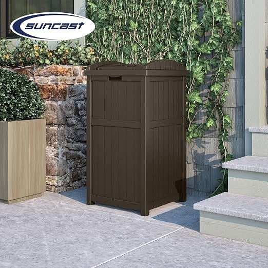 Suncast 3 Pack 33 Gallon Durable Plastic Hideaway Outdoor Garbage Can with Secure Lid & Wicker Design for Home Backyards, Decks, or Patios, Java Brown - Image 5