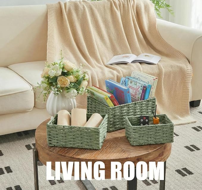 Small Wicker Basket for Organizing, Woven Storage Basket Set of 3 - Handwoven Natural Paper Rope Baskets to Declutter Any Room, Perfect for Organizing and Home Decor (Green) - Image 2