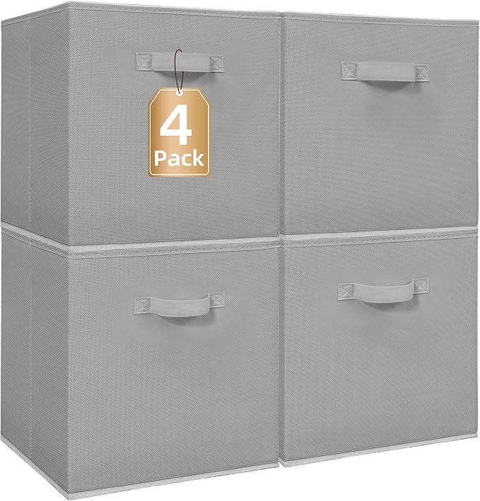 STORAGE MANIAC Storage Cubes, 13 Inch Collapsible Storage Bins with Handles, 4 Pack Fabric Foldable Bins for Organization, Durable Storage Bins for Closet, Shelves, Offices, Toys, 4-Pack Grey by STORAGEMANIAC