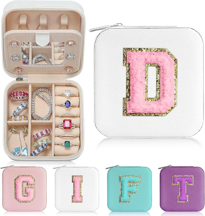 Parima White Jewelry Box for Women - Personalized Travel Chenille Letter Patches Jewelry Case, Multifunctional, Includes Ring Holder, Necklace Pocket - Ideal Birthday Gift by PARIMA