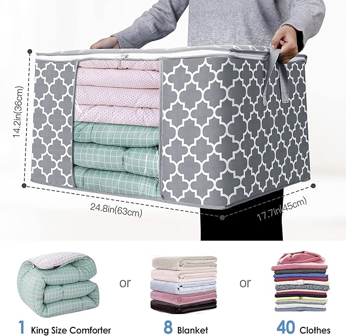 WISELIFE Storage Bags 100L 2-Pack Large Blanket Clothes Organization and Storage Containers for Bedding, Comforters, Foldable Organizer with Reinforced Handle, Clear Window, Sturdy Zippers, Light Grey