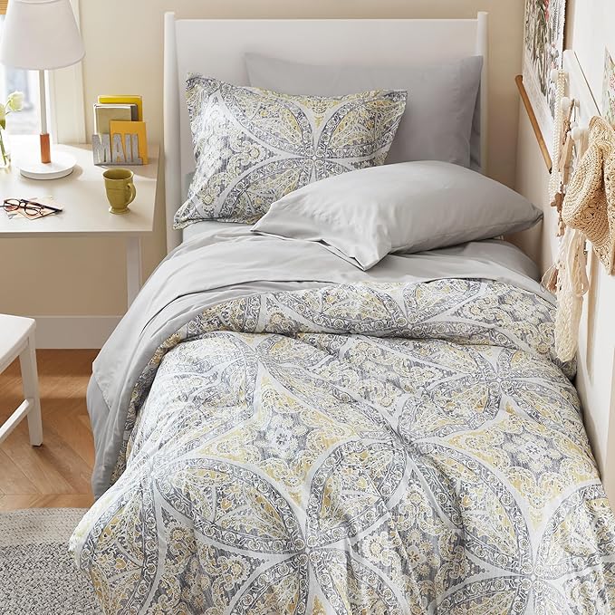 Comfort Spaces Bed in A Bag Comforter Set - Trendy Casual Design Twin XL Comforter with Complete Sheet Set with Side Pocket, All Season Comforter, Shams, Gloria, Twin XL Grey/Yellow 6 Piece