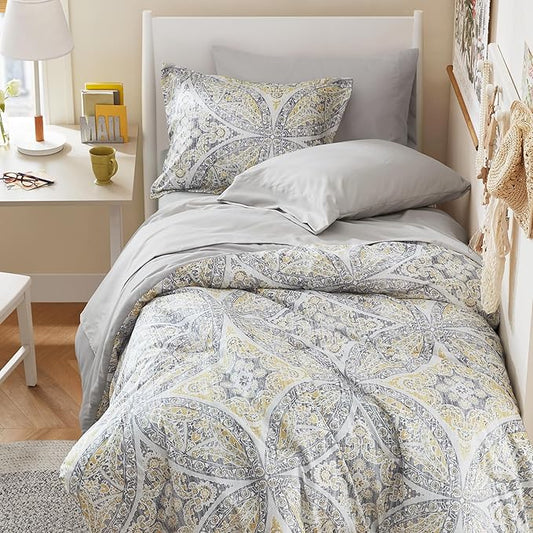 Comfort Spaces Bed in A Bag Comforter Set - Trendy Casual Design Twin Comforter with Complete Sheet Set with Side Pocket, All Season Comforter Twin, Shams, Gloria, Twin Grey/Yellow 6 Piece