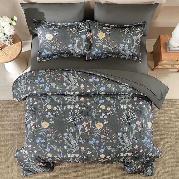 Yiran 7 Piece Grey Floral Comforter Set King Size, Botanical Flowers Bed in a Bag King, Soft Microfiber Complete Bedding Set with Sheets for All Season