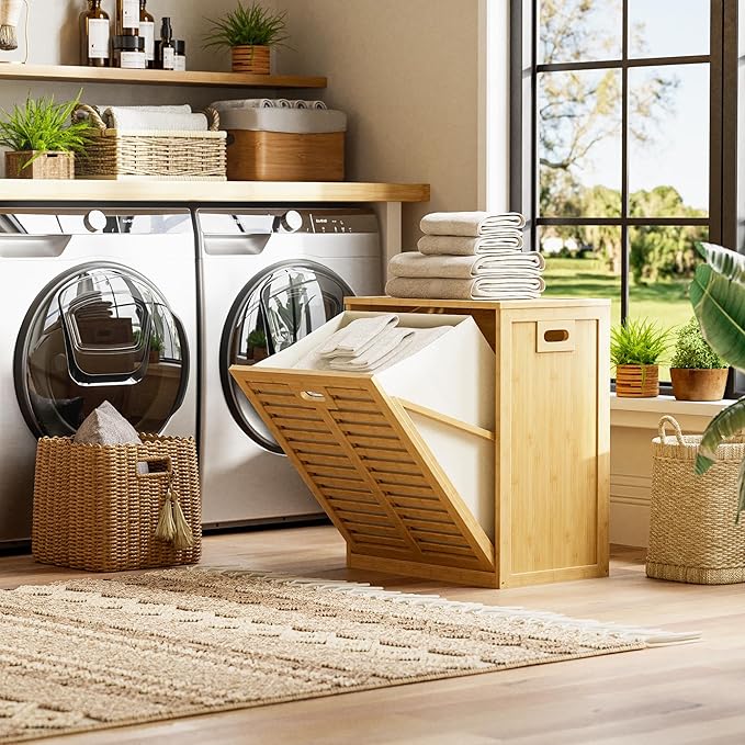 HITNET Tilt Out Laundry Hamper, Bamboo Laundry Cabinet with Hidden Removable Basket, Freestanding Clothes Storage organizer for Bedroom, Bathroom, Living Room, Natural - Image 2