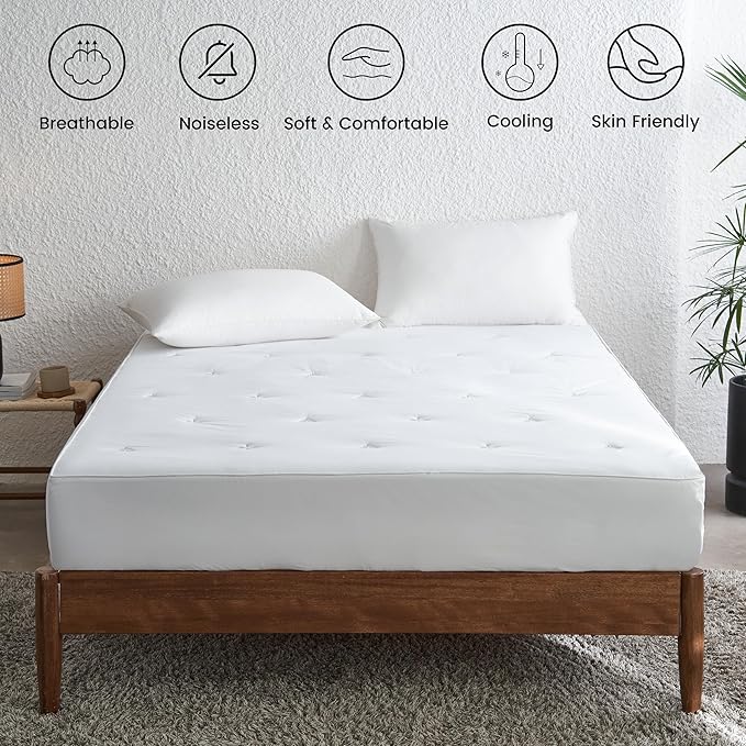 Simple&Opulence Cooling Quilted Mattress Pad – Fitted Sheet Mattress Protector Cover with Elastic Corners, Soft & Breathable, 16 Inch Deep Pocket (White,Queen)