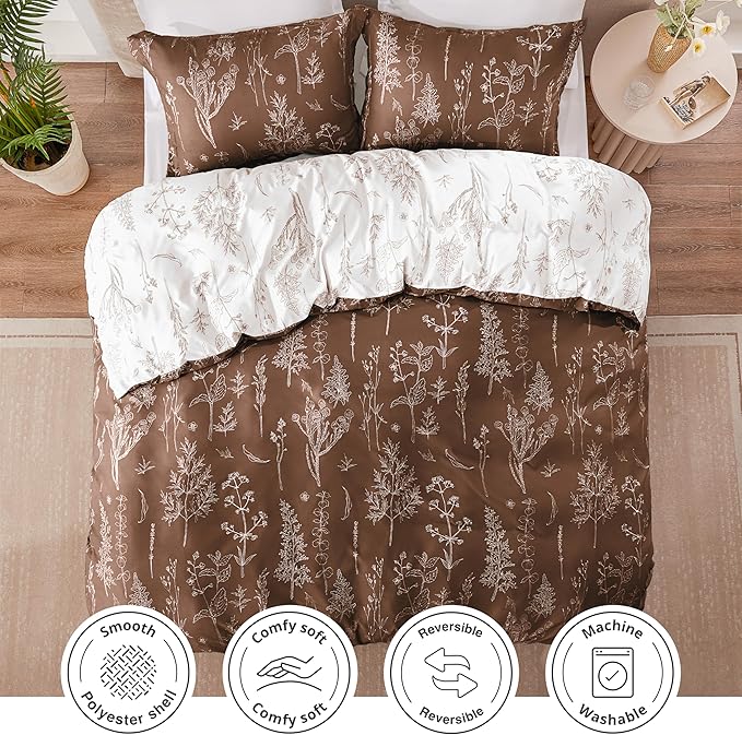 Love's cabin Chocolate Full Comforter Set - Full Size Comforter Set, 3 Pieces Cute Floral Bedding Sets for All Seasons,1 Soft Reversible Botanical Flowers Comforter and 2 Pillow Shams