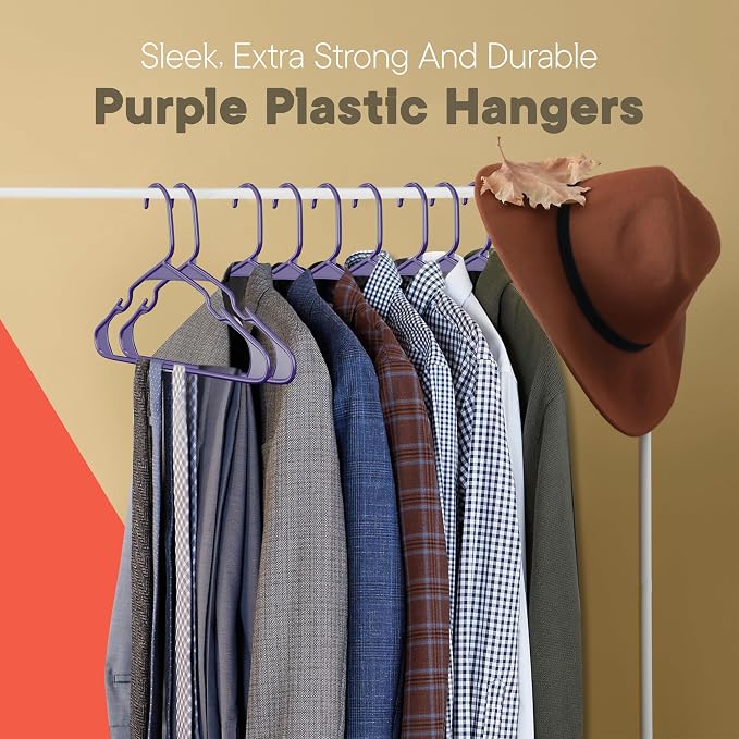 Purple Plastic Hangers 60 Pack– Heavy-Duty Plastic Hangers Slim and Space-Saving, Durable and Lightweight with Non-Slip Shoulder Notches for Slip Dresses, Suits, Jackets & Camisoles - Image 8