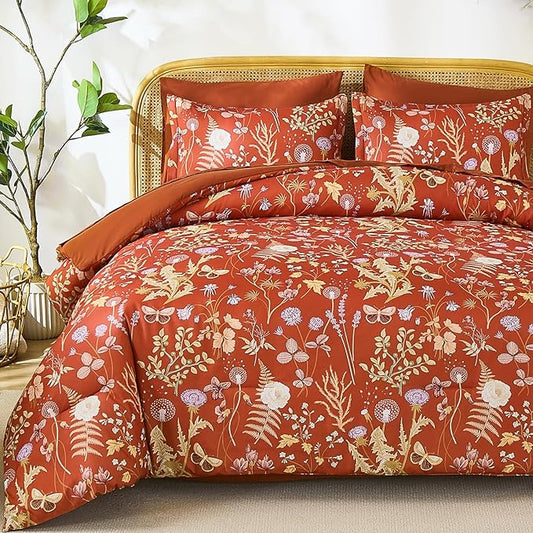 Yiran King Size Comforter Set 7 Piece,Burnt Orange Floral Bedding Set, Lightweight Bed in a Bag King with Botanical Flowers Spring, Soft Warm Terracotta Comforters with Sheets Complete for All Season