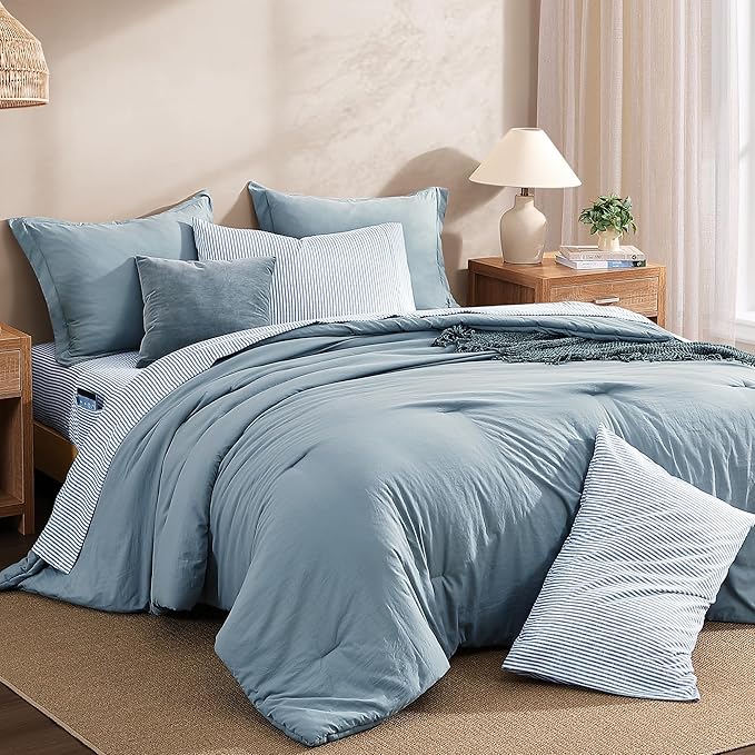 Monbix California King Size Comforter Set - 7 Pieces Dusty Blue Prewashed Bed in a Bag Bedding Sets with Comforters, All Seasons Ultra Soft Comforter Bed Set with Sheets, Pillowcases & Shams