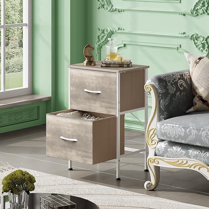 WLIVE Night Stand, Greige Nightstand with 2 Fabric Drawers, Small Dresser for Bedroom, Bedside Table End Table with Storage Drawer, College Dorm, Dormitory, Greige Oak