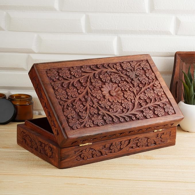Ajuny Wooden Handcarved Decorative Jewelry Storage Box Flower Design Multipurpose Treasure Chest Keepsake Organizer Necklaces Watch Boxes Great for Gifts 10x6 Inch by AJUNY